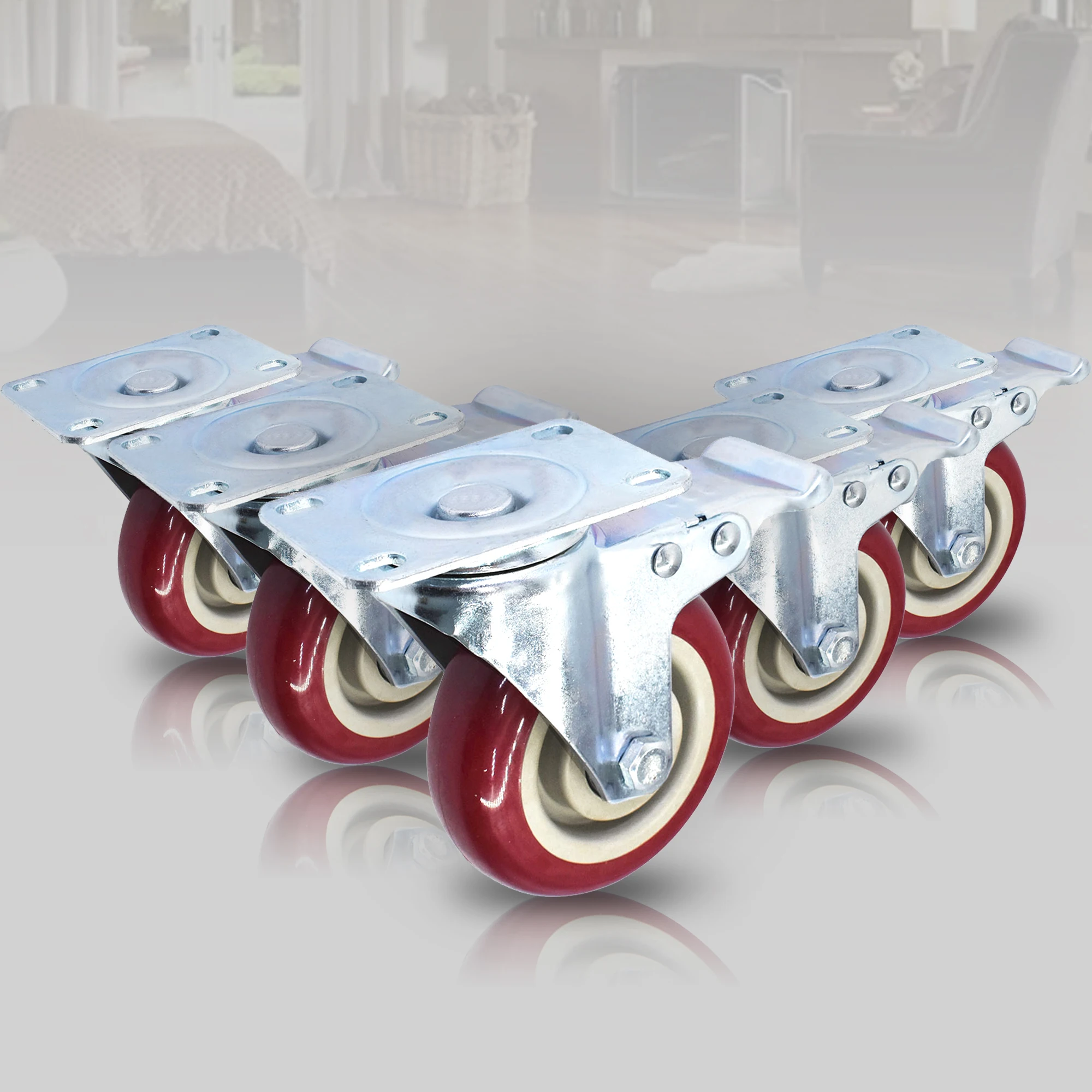 4-Pack 4in Red Caster Wheel Omni-Directional Swivel Casters with Brake