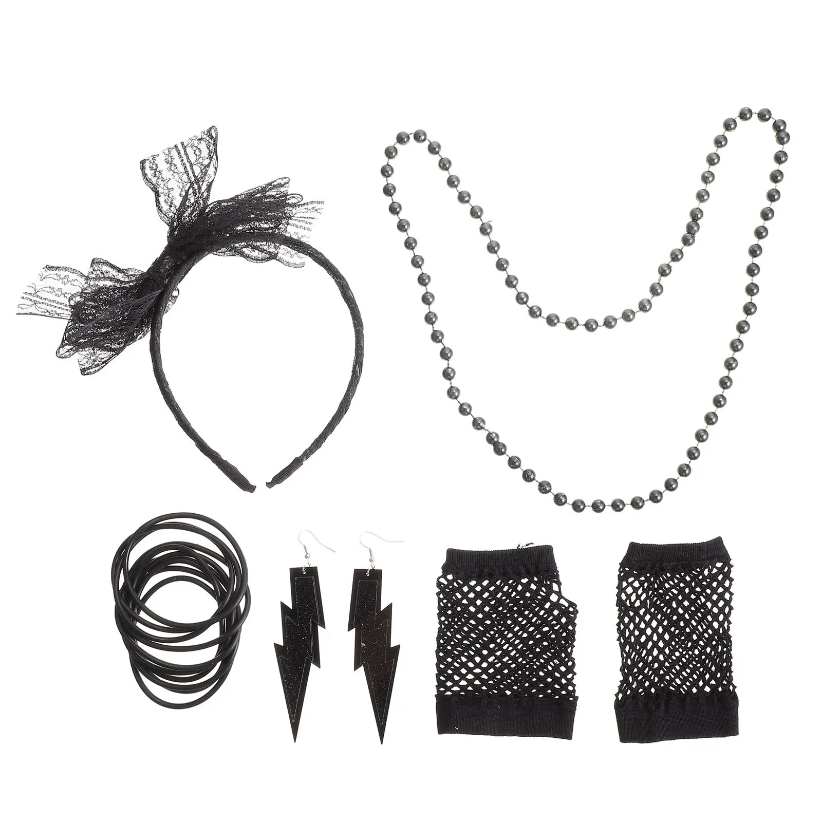 

1 set 1 Set Cloth Hairband Gloves Retro Lace Decor Durable Earrings Necklace Theme Costume Prop Neon Party Wear Eye-Catching