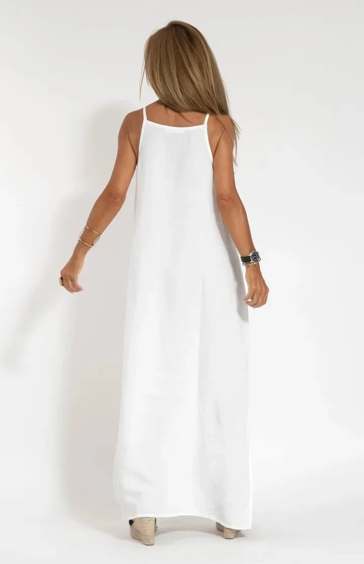 Wihte bawełniane lniane sukienki dla kobiet moda na co dzień sukienka z rozcięciem na ramiączkach solidne długie sukienki Boho Vestidos Verano Moda 2025