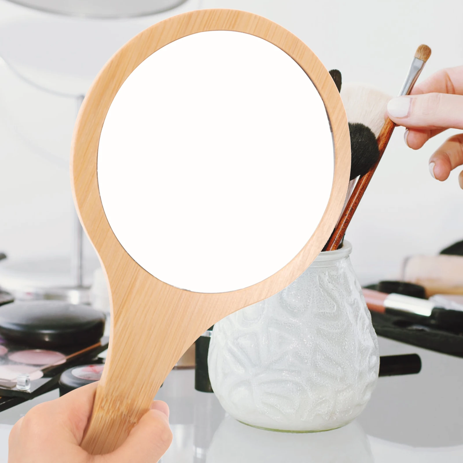 

Bamboo Makeup Portable Hand for Women Compact Travel Vanity Small Wooden Brown Lightweight Vintage Style Handheld