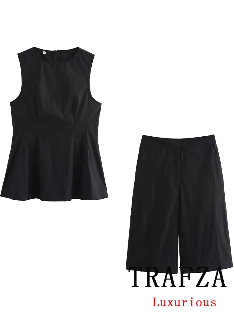 TRAFZA Vintage Casual Chic Black Women Suits  Sleeveless Ruffles Tank Top Wide Leg Pocket Shorts New Fashion 2024 Autumn Suits