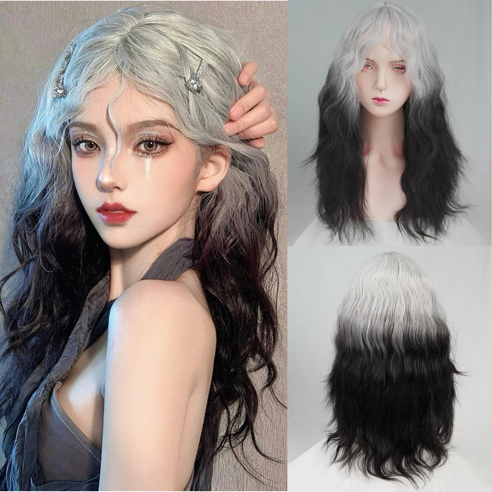 Peluca larga ondulada recta sintética Lolita Cosplay degradado Ombre Negro Azul blanco Peluca de cabello esponjoso Natural para fiesta diaria