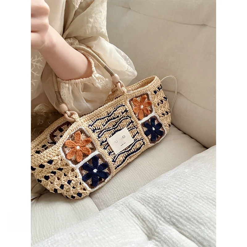 Etro Color Block Floral Crochet Woven Bag Hollow Dotted Texture Wooden Bead Joint Handle Lightweight Medium Size Casual Tote Bag
