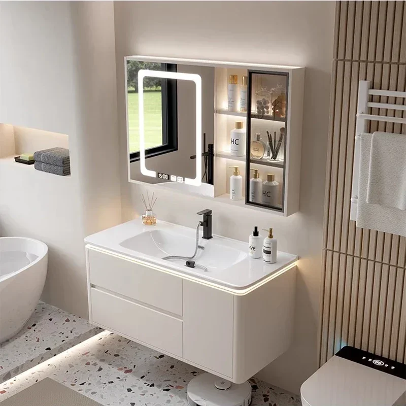 c13-Nordic Cream Style Bathroom Cabinet Wall Mounted Vanity with Sink Storage Mirror Cabinet Fashion Furniture Baños Muebles C