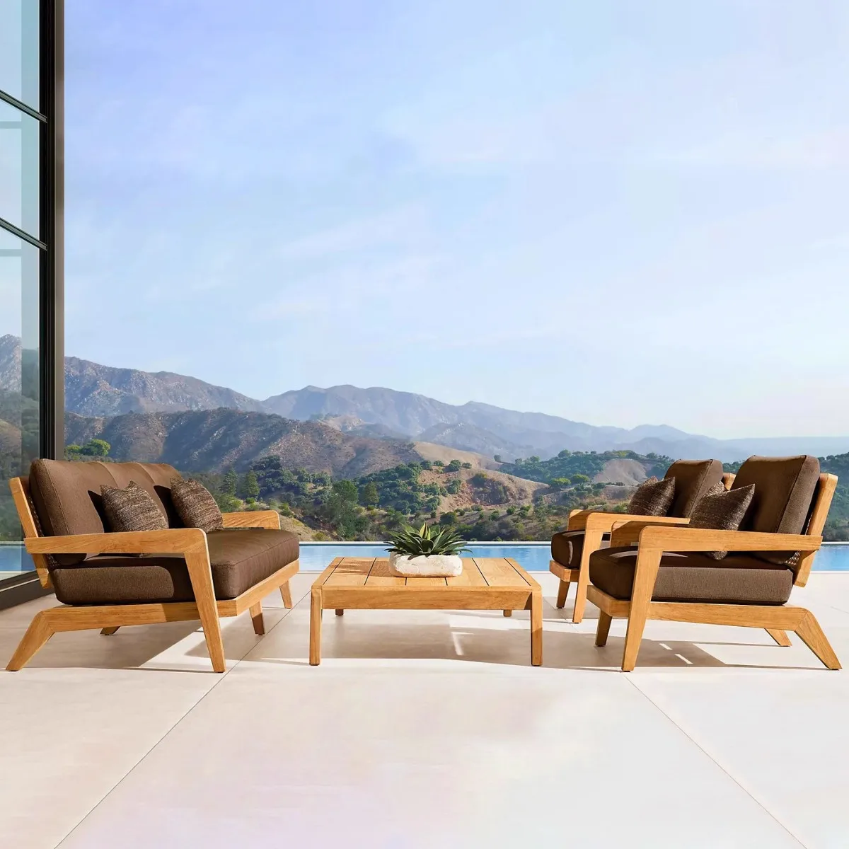Outdoor teak sofa courtyard terrace villa garden room single sofa waterproof and anti-corrosion coffee table sofa