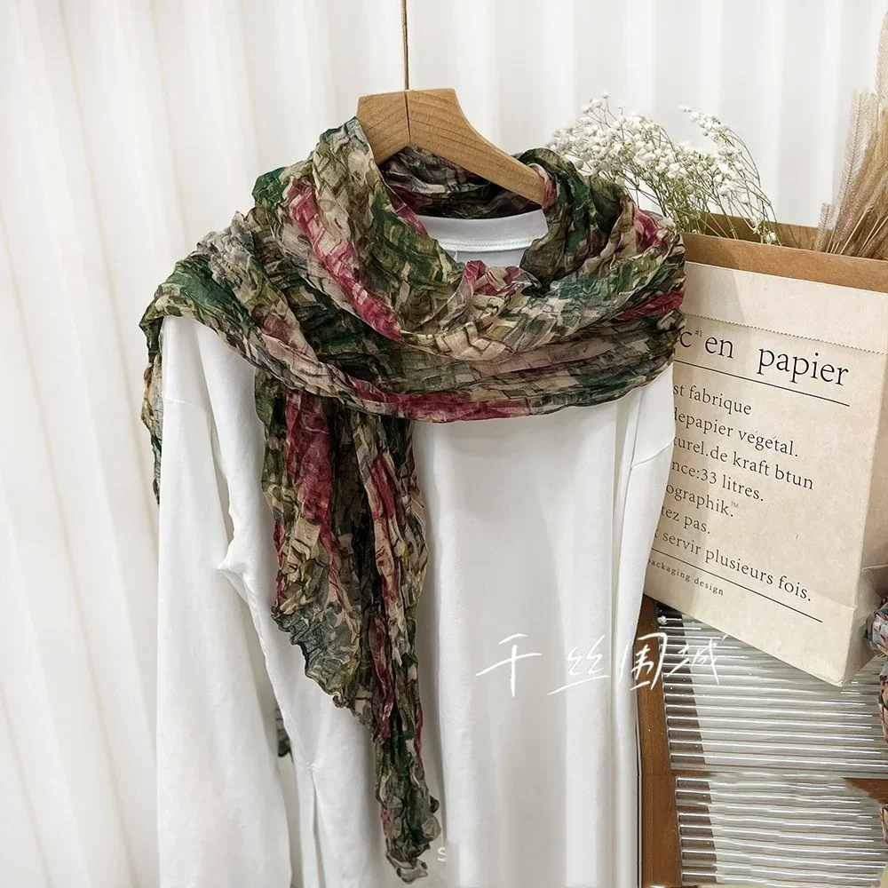 

Cotton and Linen Pleated Thin Retro Literary Versatile Shawl Small Floral Scarf Gauze Japanese New Men and Women