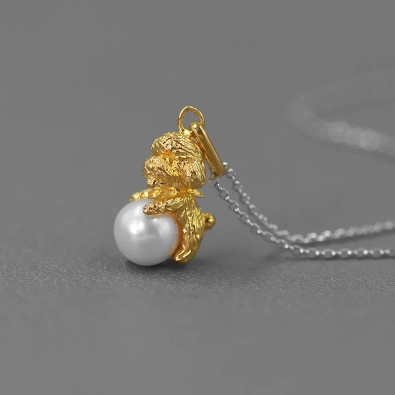 

N Original Design Dress Up Innocent S925 Sterling Silver Cute Dog Teddy Pendant with Full Hole Pearl(without Chain)