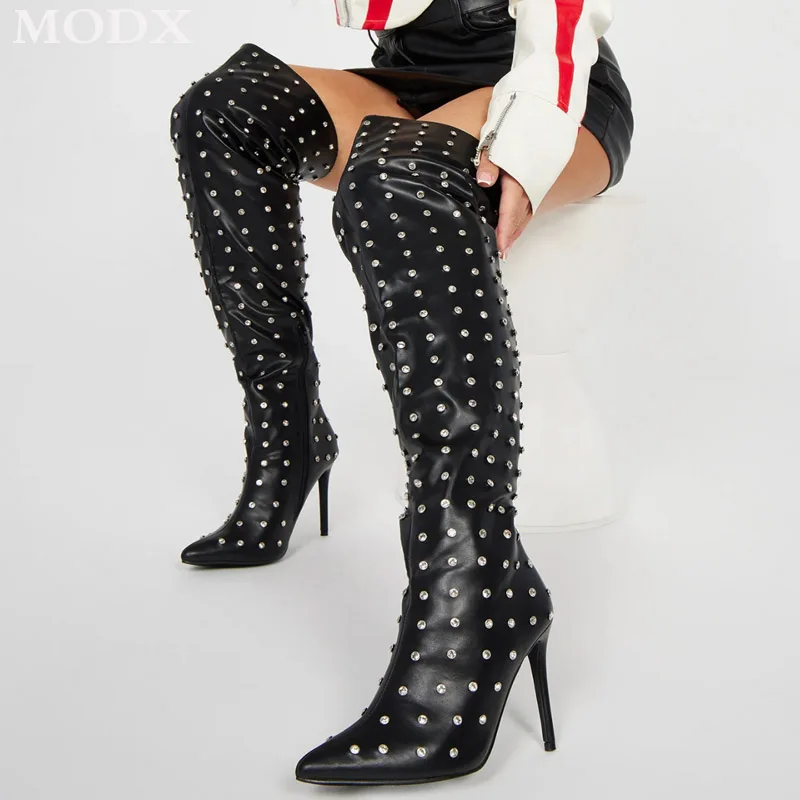 

Rhinestone Embellished Thigh High Stiletto Leather Boots Sexy Pointed Toe Side Zip Sparkle Crystal Western Boot Zapatos De Mujer