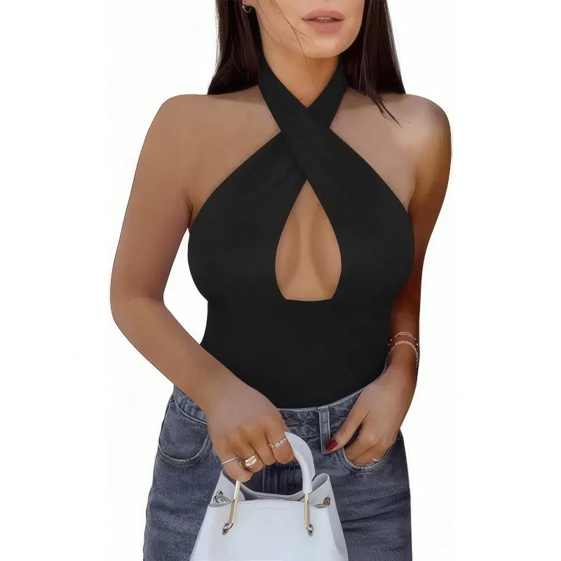 Traje de baño de Color sólido para mujer, mono Sexy con cuello Halter cruzado, talla grande