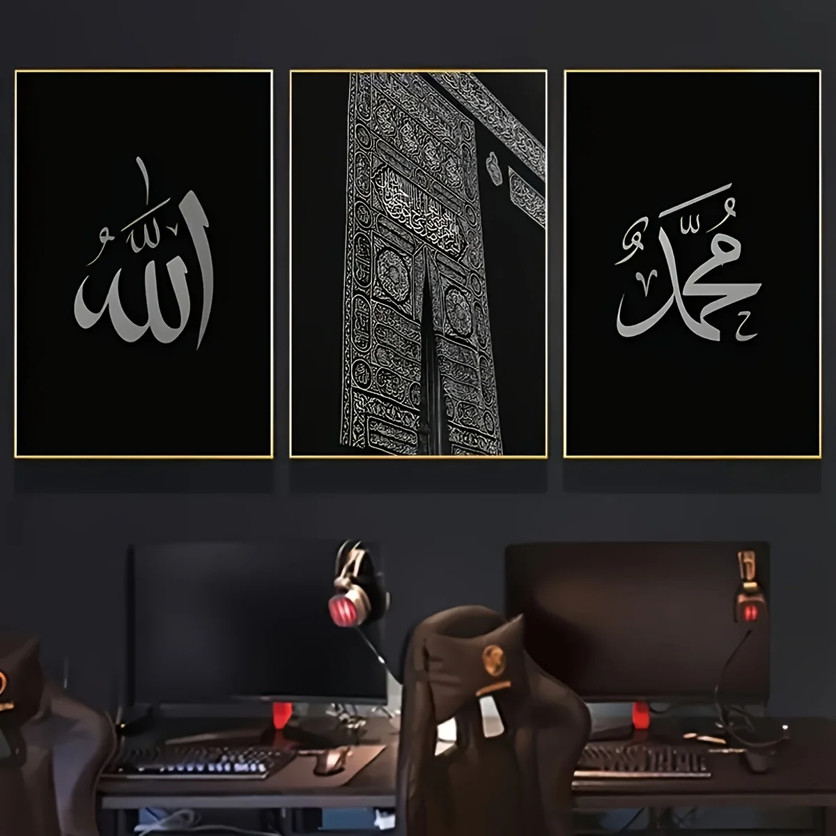 （NoFrame 3PCS)-2D Flat, 2D Flat, Set of 3 Kaaba Canvas Art Pieces - Wall Decor for Living Room, Bedroom, Office, And Dormitor