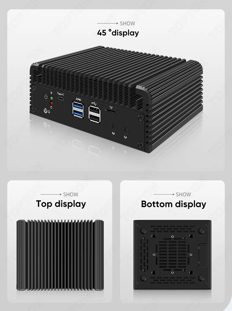 Topton 4x2.5G NICs Fanless Mini PC Zero Noise Intel Core I5 1235U U300E 8505 2xDDR5 NVMe HD/DP/Type-C IoT Firewall Computer