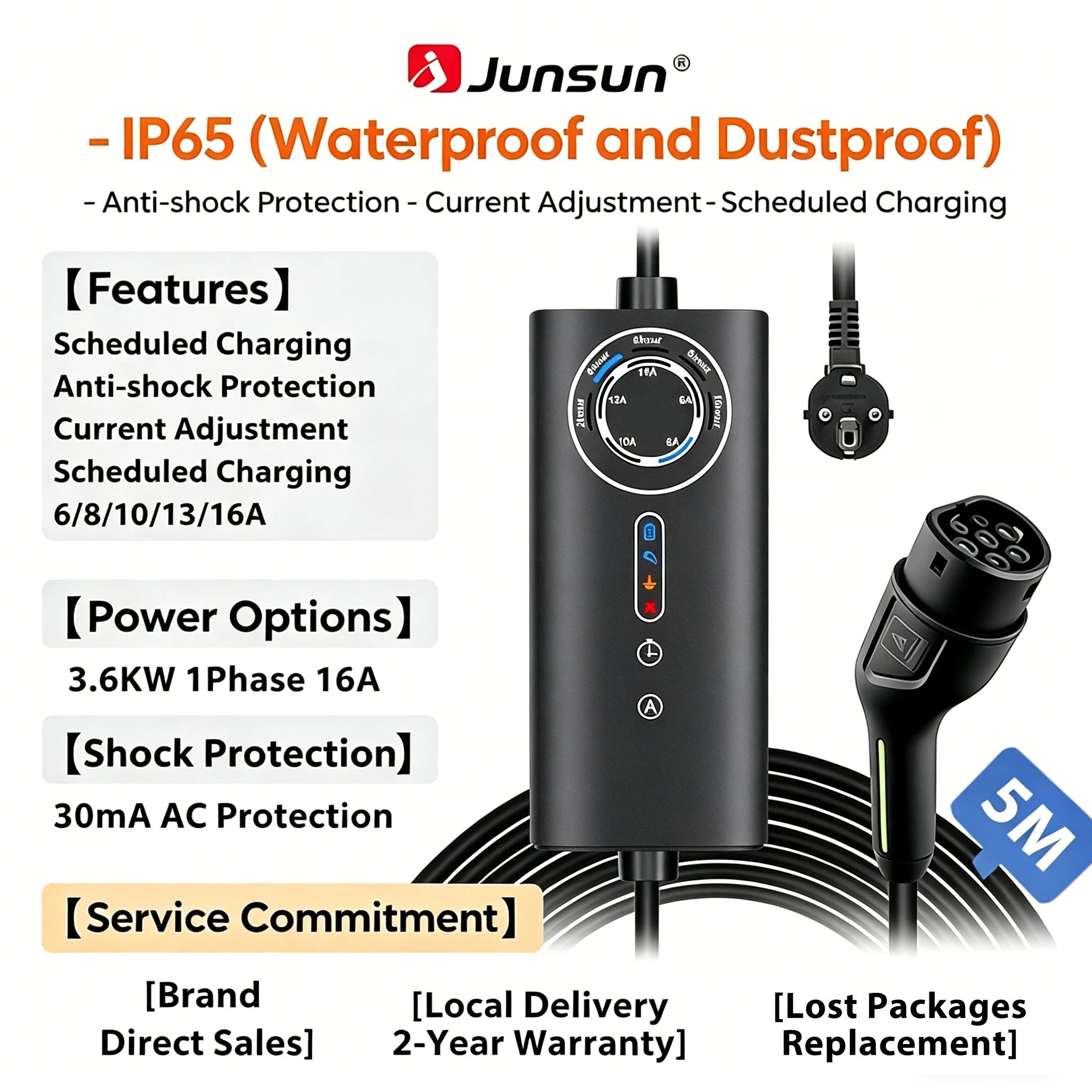 Junsun Typ 2 Tragbares EV-Ladegerät 3,6KW 7KW 11KW 22KW IP65 Wasserdicht Outdoor Modus 2 Ladekabel mit 6 8 10 13 16 20 24 32A Einstellbarem Strom, Programmierbarer Ladefunktion,