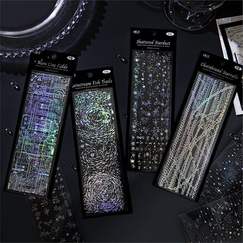 

3sheets/pack PET Laser Silver Stickers Punk DIY Diary Phone Case Handmade Scrapbook Aesthetic Stickers