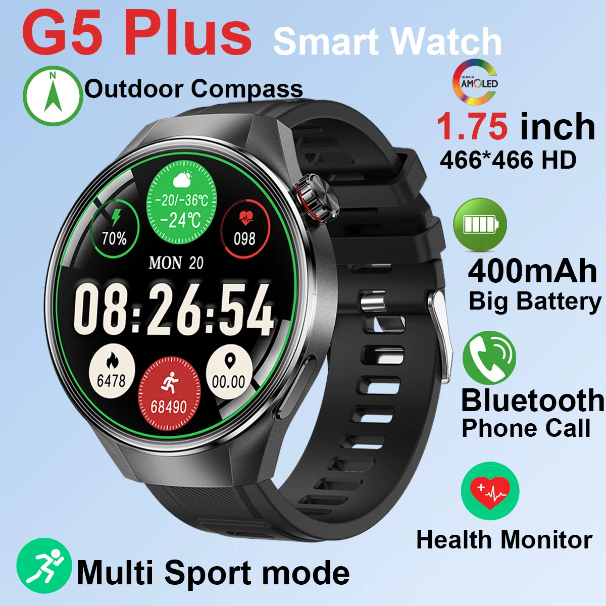 

Watch 5 Series G5Plus 1.75 inch Big Screen Smart Watch 400mAh Bluetooth Call Smartwatch Health Monitor Compass For Huawei Xiaomi