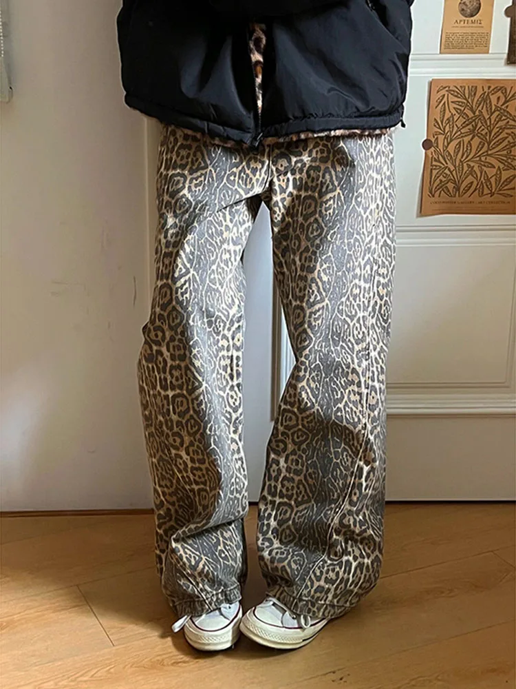 

WCFCX STUDIO Y2K American Retro High Street Loose Casual Leopard Print Jeans Women Versatile Wide-leg Straight Denim Long Pants