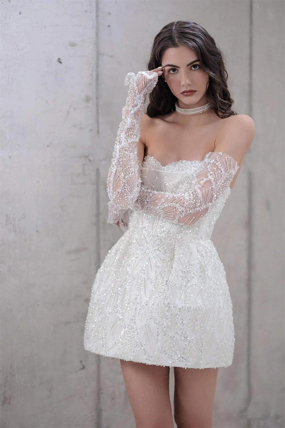 Kyoto – robe de mariée sans bretelles, personnalisée, diamant blanc, manches détachables, fermeture éclair au dos, Mini robe de soirée trapèze