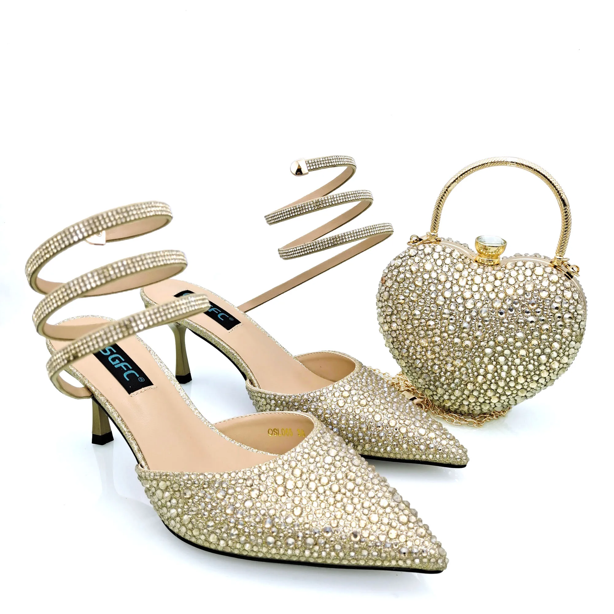 Newest Party Shoes And Hand Bag Stitching Design Flash Diamond Decoration Mature Women Bag With Nigerian Comfortable Shoes