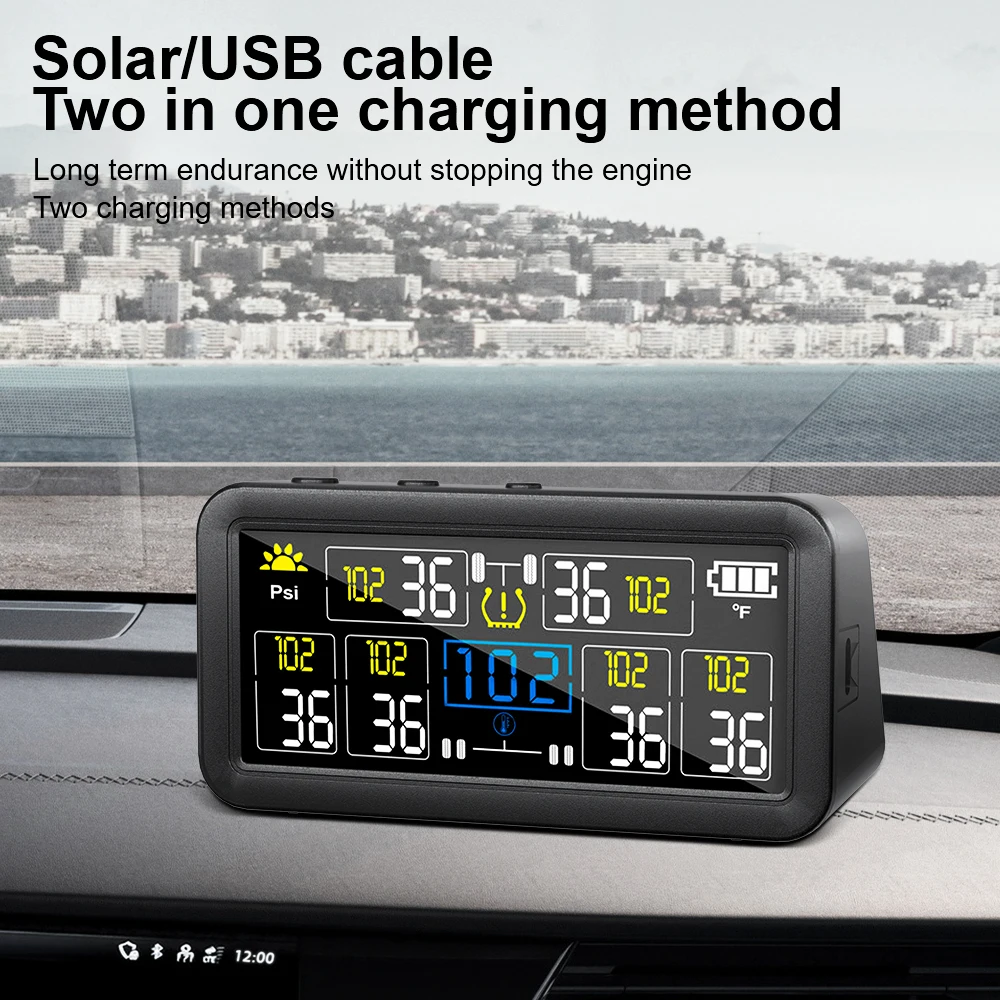 Solar TPMS 0~9.9Bar Truck RV Waterproof 4/6 External Sensors Car Tire Pressure Alarm Digital LCD Display
