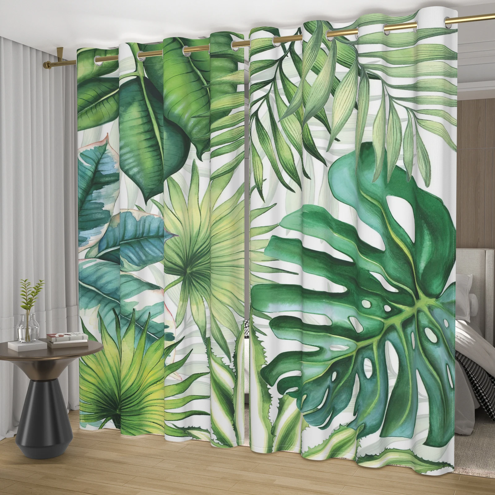 Watercolor Tropical Monstera Leaf Blackout Curtains 2 Panels, Grommet Green Palm Plant Drapes for Living Room Bedroom Home Decor