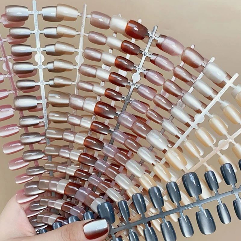 **30Pcs Nails Handmade Gradient Cat's Eye Press On Fake Nails Medium Short Nail Tips Popular Design Decoration Flower Full Cover