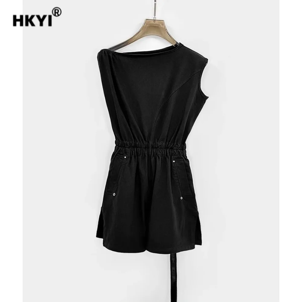 HKYI Women's Summer Sleeveless One Shoulder Waist Knitted jumpsuit Shorts Top Set