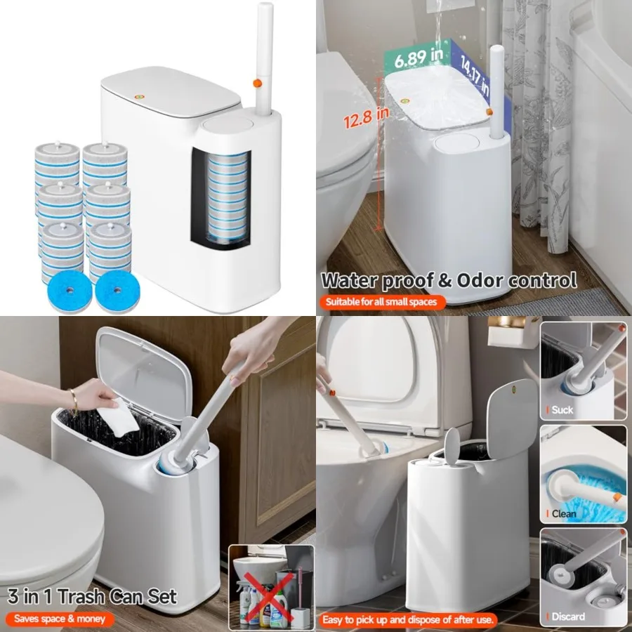 

Bathroom Trash Can Set - Narrow White Plastic Small Trash can, a Toilet Wand, Toilet Brush Holder and 36 Refills, 2 Gallon Tras