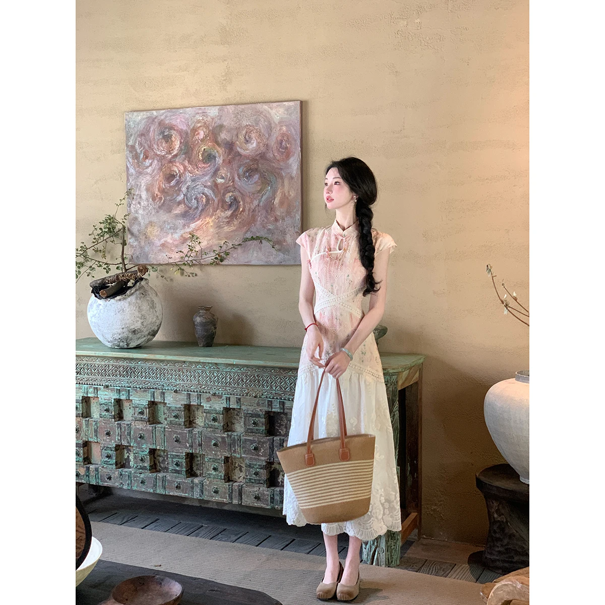 

Новая китайская юбка-ципао средней длины с вышивкой и принтом, ажурная, дышащая, из смесового поликоттона