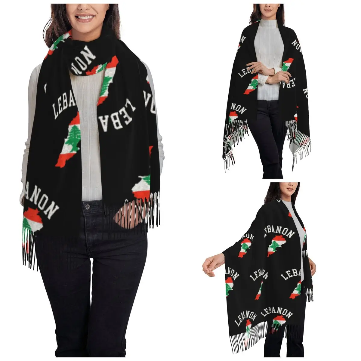 Womens Tassel Scarf Patriotic Lebanon Flag Large Soft Warm Shawl and Wrap Daily Wear Pashmina Scarves