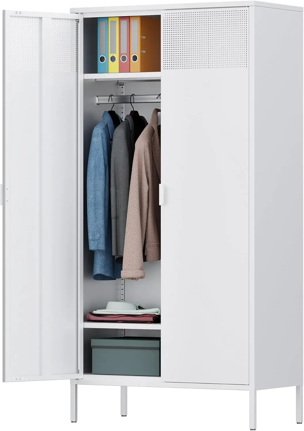 Armario de Metal blanco con varilla colgante, armario con puertas para dormitorio y oficina, 71 pulgadas