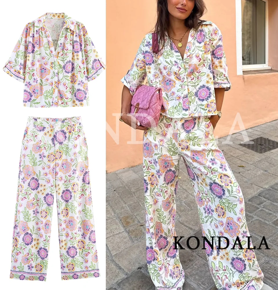 KONDALA Damen Urlaubs-Freizeitanzug mit Aufdruck 2026 Sommer Trendiges Strand-Elegantes Chic-Set Damen Kurzarm-Hemd, Lange Hose