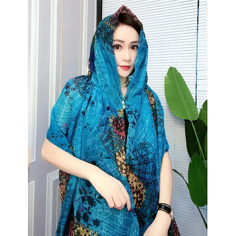 Beach Cape Hooded Shawl Sunscreen Coat Wind Protection Multifunctional Scarf Beach Vacation and Leisure Women Poncho Cloak Blue