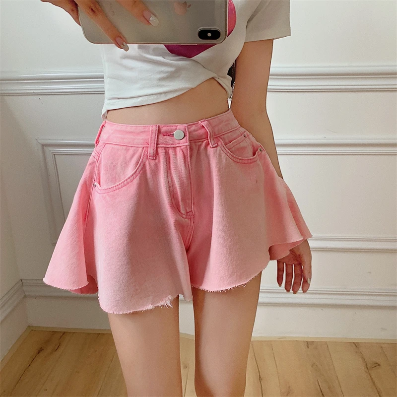 Korean Fashion Denim Wide-leg Shorts 2023 Summer Thin Y2k Loose Warm-up Skirt Shorts New Pink High Waist Pocket Jeans Streetwear