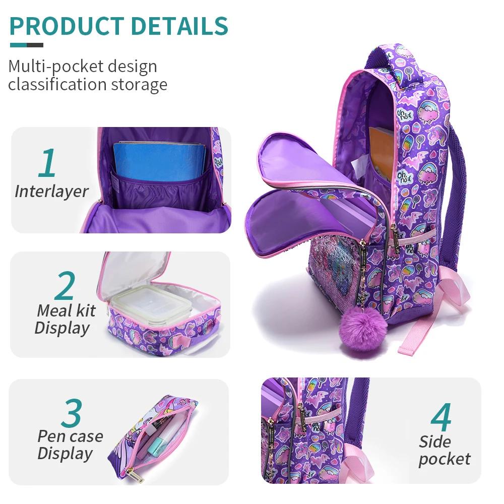 3点セット 女の子用リュックサック キッズスクールバッグ ランチバッグとペンケース付き パープルユニコーン キュートなスパンコール 暗闇で光る機能付き