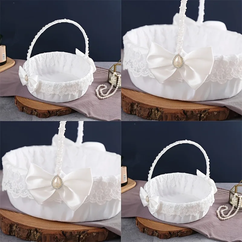 A floral basket with wedding candies, scattering flowers, and a beautiful large bow for the white flower girl.