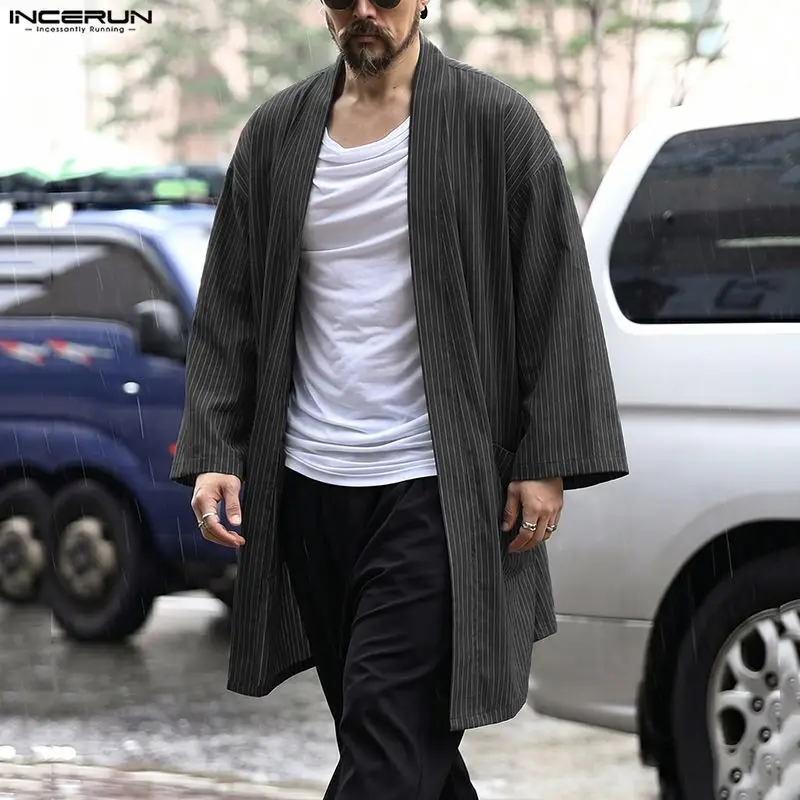 INCERUN Men's Striped Cardigan Trench Open Stitch Long Sleeve Casual Loose Male Coats Streetwear 2026 Long Style Outerwear S-3XL