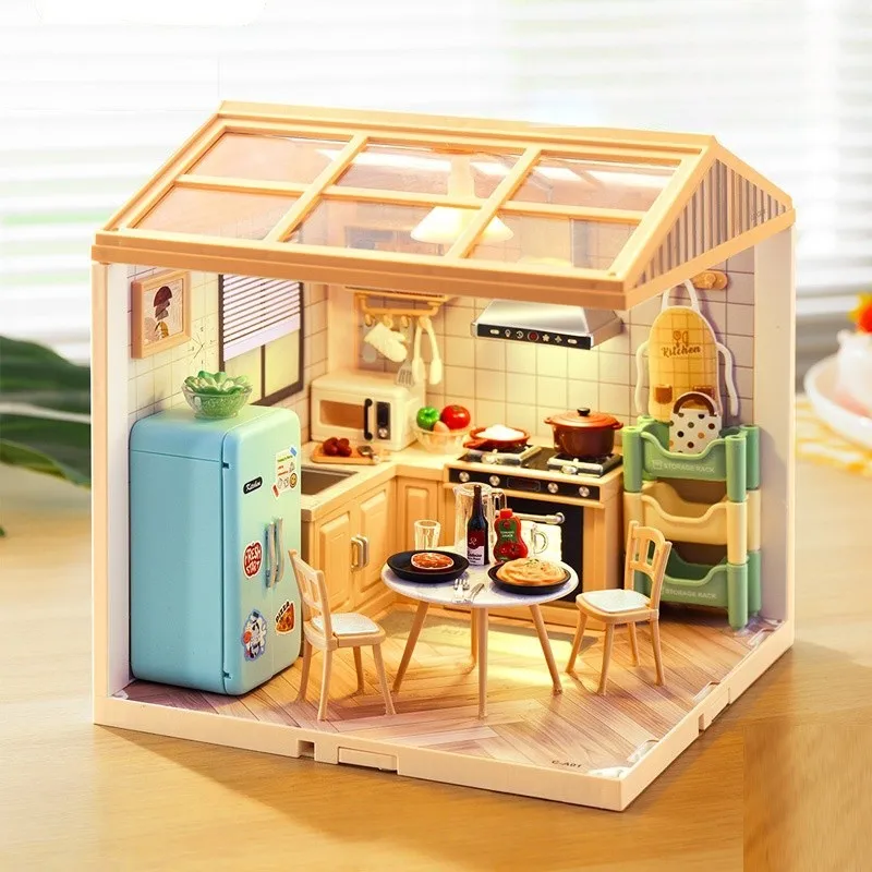 บ้านตุ๊กตาจิ๋ว DIY แบบ 3 มิติ ชุดประกอบโมเดลพร้อมไฟ LED ของตกแต่งห้องนอน ห้องสร้างสรรค์ ของเล่นบ้านประกอบรูปเบอร์เกอร์