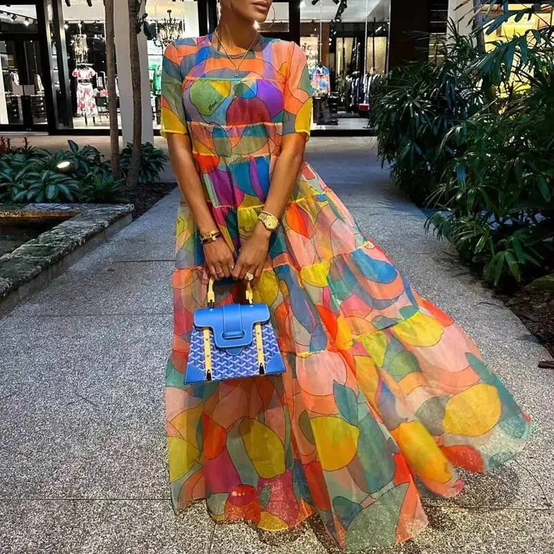 جديد بوهو نمط المرأة عادية خمر Ing نمط مطبوعة فستان ماكسي سيدة قصيرة الأكمام عالية الخصر فساتين فضفاضة