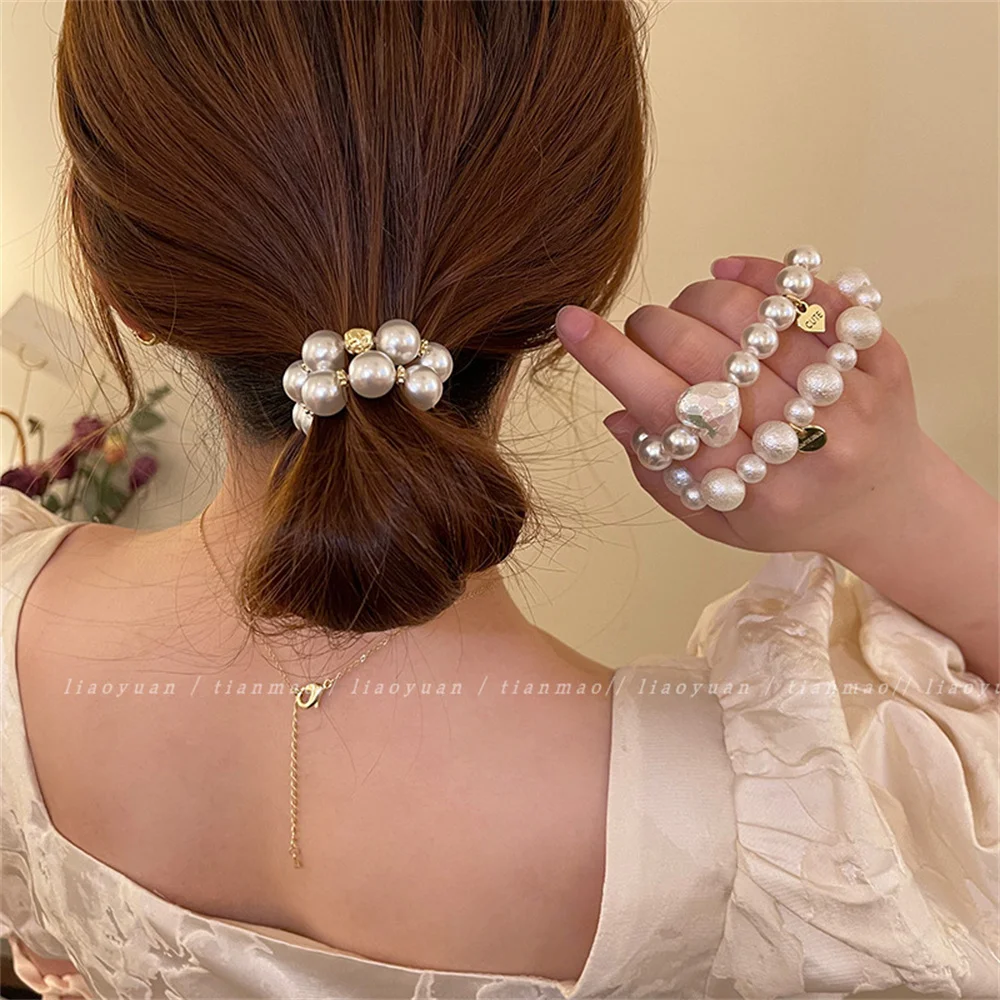 Exquisite Pearl Beaded Hair Ties Bracelet Sweet Ponytail Braid Hair Rope for Women Girl Fashion Headwear Hair Accessories Gift