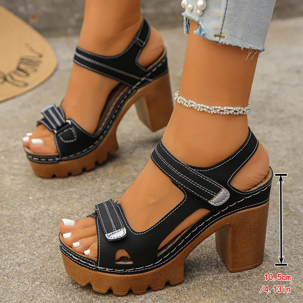 

2026 Women's Fashion Thick Bottom Strap Sandals with Coarse Velcro High Heel for Stylish Comfort