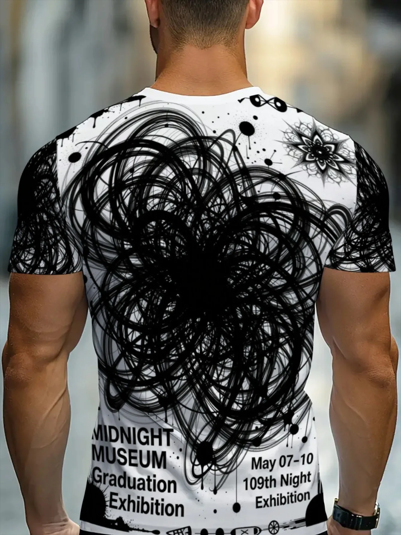 Men Black Ink Swirl Letter Print T-shirt O-neck Short Sleeve Abstract Graffiti Streetwear Casual Tops