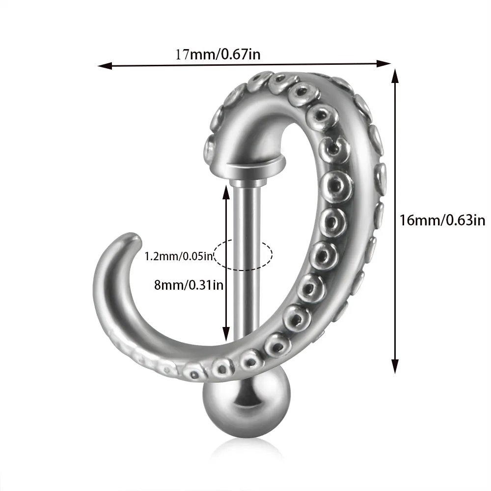 Octopus Whisker Lip Labret Rings Stainless Steel Ear Tragus Helix Cartilage Lobe Man Punk Gothic Earrings Body Piercing Jewelry