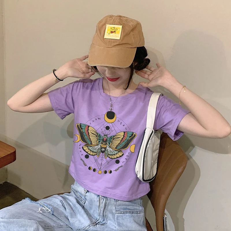 Y2k Streetwear Crop Top Harajuku estético estampado de mariposas Grunge Grunge para bebé moda Vintage camisetas de manga corta