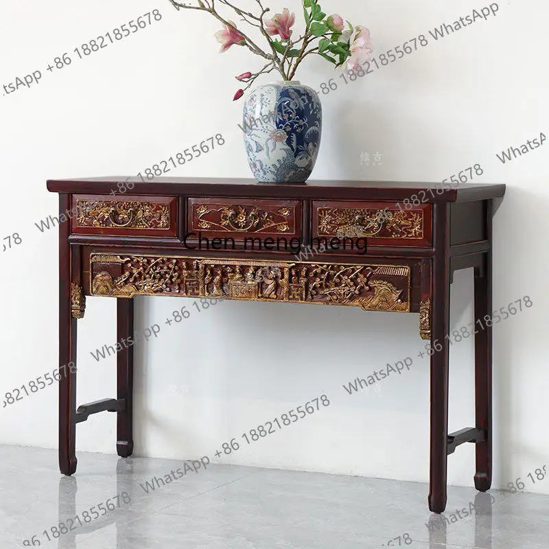 Chinese classical table solid wood carving flower strip table three drawers Buddha table retro furniture