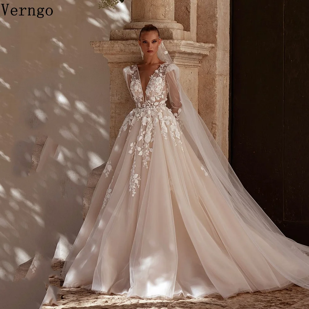 

Verngo lvory Tulle Wedding Dress Deep V Neck Sleeveless A Line Bride Gowns Appliques Sweap Train Elegant Bridal Dresses