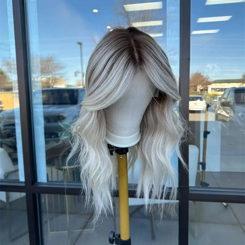 

Natural Wave Wig Ombre Ash Platinum Blonde Highlights Synthetic HD Lace Front Wig with Dark Roots 28 Inch Realistic Hairline Wig