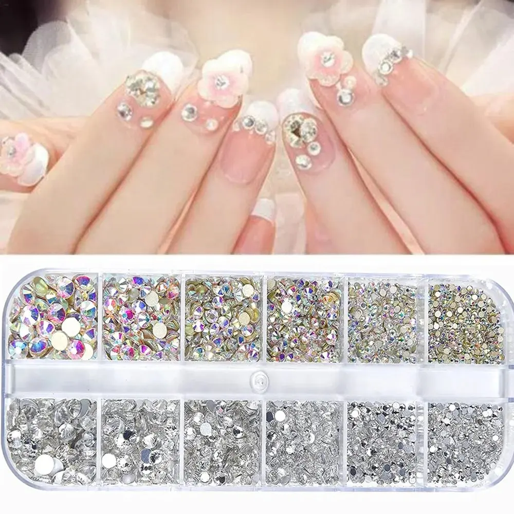 Nail Art Rhinestone 12Grids Box Nail Beads AB Crystal Flatback Stone Jewelry Gems with Storage Organizer for Nail Decorations