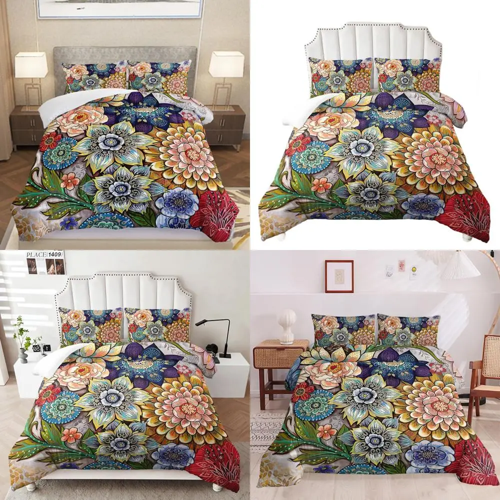 

King Size Bohemian Floral Comforter Set with 2 Pillowcases - Soft Microfiber Bedding for Adults, Teens & Kids