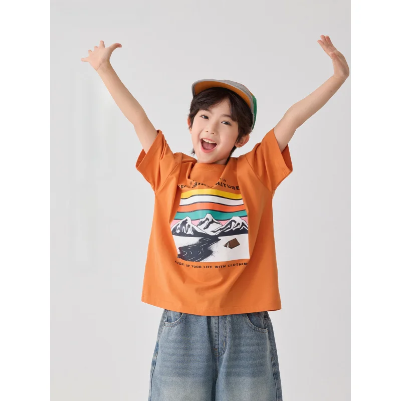 

Summer New3-12Children's mountain-style printed short-sleeve shirt boysTLightweight shirt