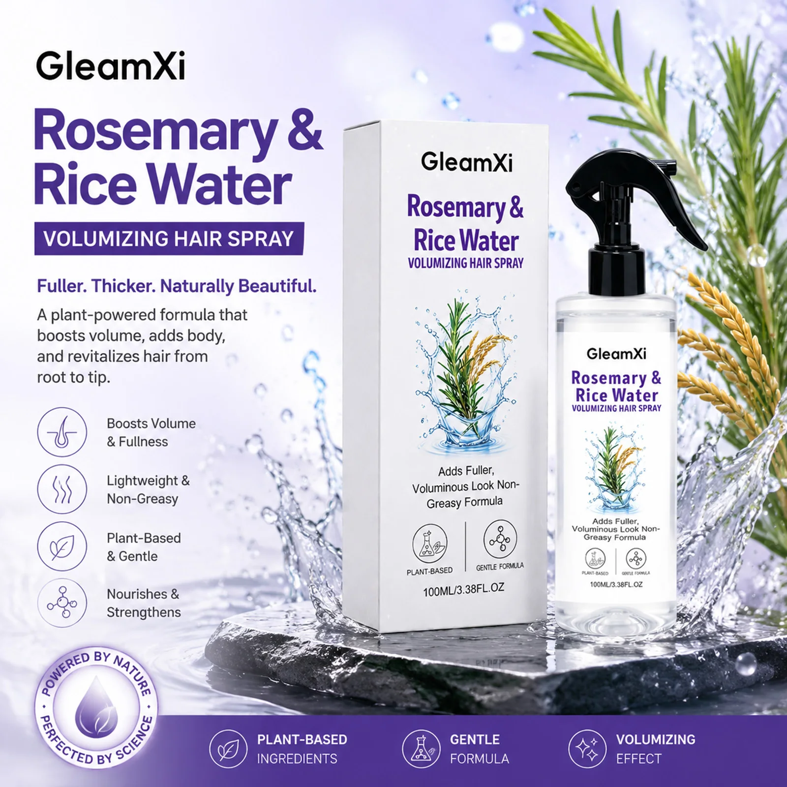 Rice Water Hair Volumizing Spray Rosemary Extract Fuller Look Mist Plant Based Non Greasy Fine Thin Hair Care