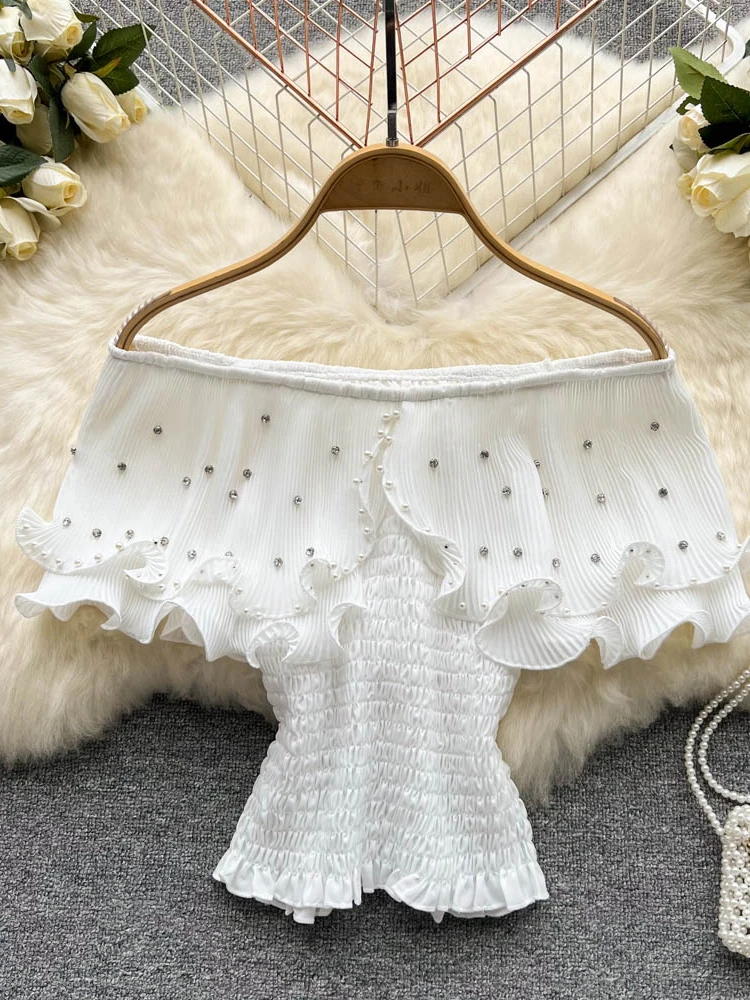 Pleated Blouse French Chic Sleeveless Shirts for Women Pearl Blusas Woman Sweet Fringe Crop Tops Dropshipping